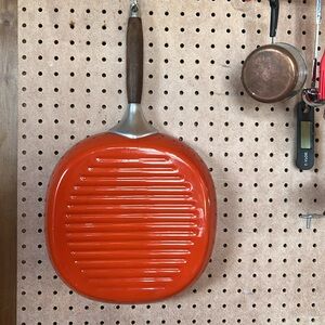 Vintage Enamelware MCM orange 11” Square Skillet Grill Griddle Ridges Cast Iron
